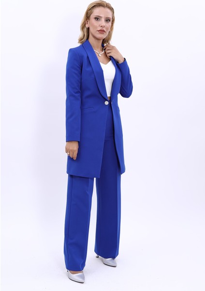 Şal Yaka Cepli Uzun Ceket & Bol Paça Pantolon-Saks