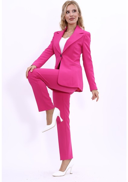 Erkek Yaka Tek Düğmeli Klasik Ceket & Dar Paça Pantolon-Fuşya
