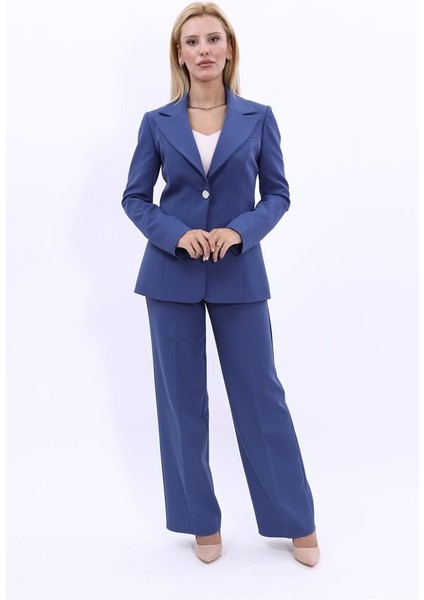 Erkek Yaka Tek Düğmeli Klasik Ceket & Bol Paça Pantolon Takım-İndigo