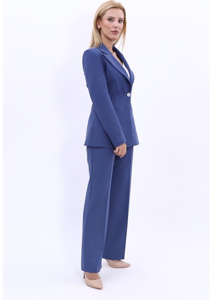 Erkek Yaka Tek Düğmeli Klasik Ceket & Bol Paça Pantolon Takım-İndigo fırsatları