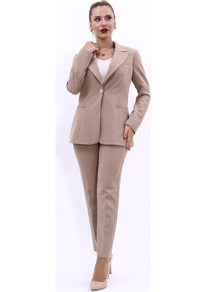 Erkek Yaka Tek Düğmeli Klasik Ceket & Dar Paça Pantolon-Taş