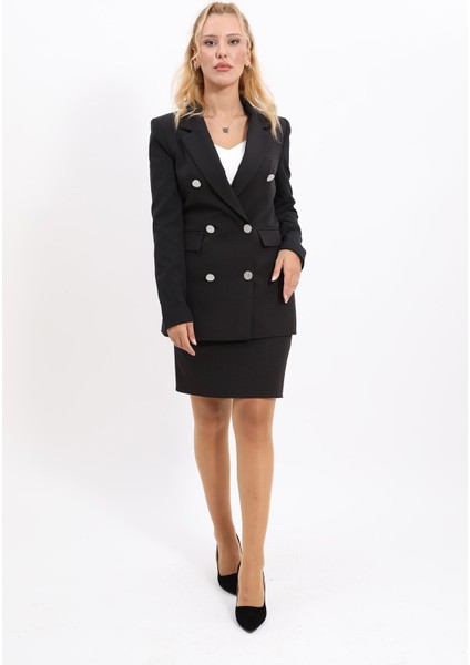 Erkek Yaka Kuruvaze Blazer Ceket & Yırtmaçlı Düz Dar Etek-Siyah