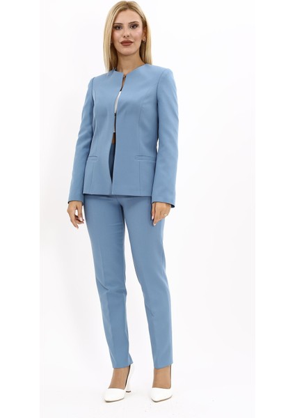 Oval Yaka Yandan Kuplu Klasik Ceket & Dar Paça Pantolon-Deniz