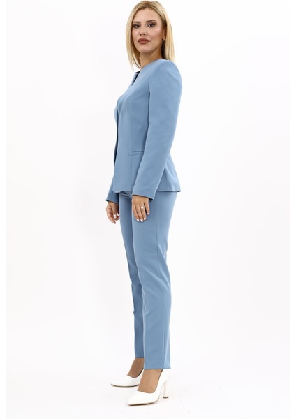 Oval Yaka Yandan Kuplu Klasik Ceket & Dar Paça Pantolon-Deniz modelleri