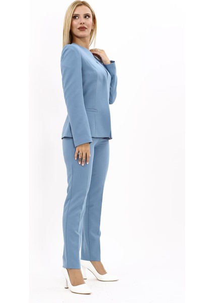 Oval Yaka Yandan Kuplu Klasik Ceket & Dar Paça Pantolon-Deniz fırsatları