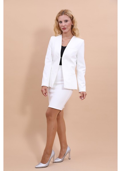 V Yaka Boydan Kuplu Kılasik Ceket & Yırtmaçlı Düz Dar Etek-Beyaz modelleri