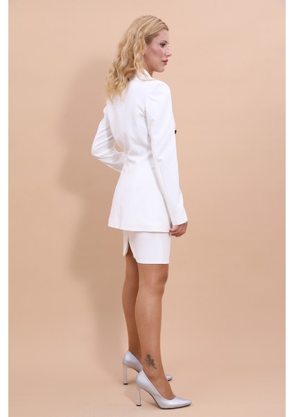 V Yaka Boydan Kuplu Kılasik Ceket & Yırtmaçlı Düz Dar Etek-Beyaz indirimleri