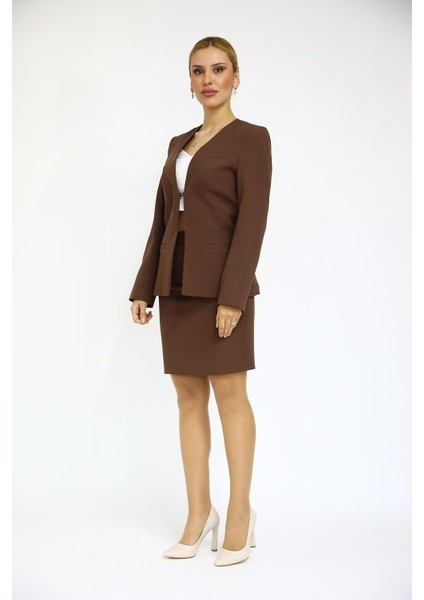 V Yaka Boydan Kuplu Kılasik Ceket & Yırtmaçlı Düz Dar Etek-Kestane indirimleri