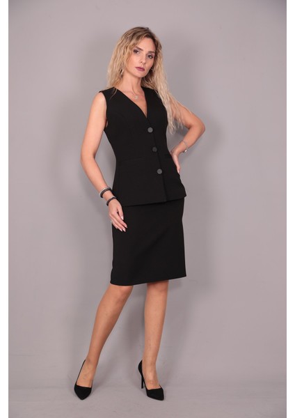 Uzun Klasik Yelek & Kalem Etek Takım-Siyah