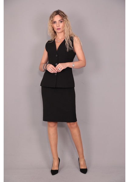 Uzun Klasik Yelek & Kalem Etek Takım-Siyah fiyatları