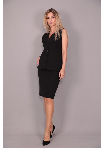 Uzun Klasik Yelek & Kalem Etek Takım-Siyah modelleri