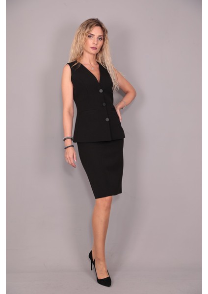 Uzun Klasik Yelek & Kalem Etek Takım-Siyah fırsatları