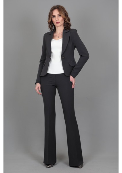 Yakalı Tek Düğmeli Ceket & Ispanyol Paça Pantolon Takım-Füme modelleri