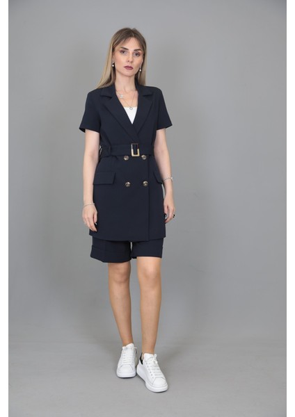 Kuşaklı Kısa Kollu Ceket & Duble Paça Şort-Lacivert