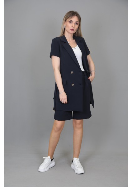 Kuşaklı Kısa Kollu Ceket & Duble Paça Şort-Lacivert fiyatları
