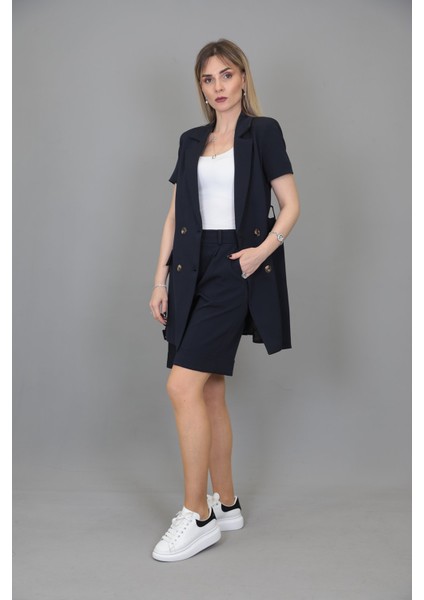 Kuşaklı Kısa Kollu Ceket & Duble Paça Şort-Lacivert modelleri
