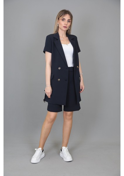 Kuşaklı Kısa Kollu Ceket & Duble Paça Şort-Lacivert fırsatları