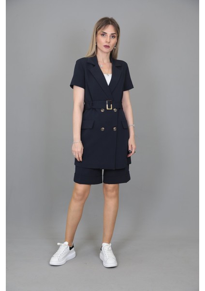 Kuşaklı Kısa Kollu Ceket & Duble Paça Şort-Lacivert indirimleri