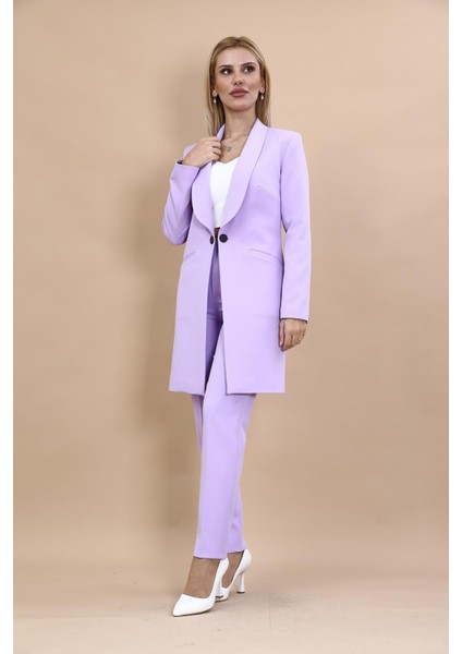 Şal Yaka Cepli Uzun Ceket & Dar Paça Pantolon Takım-Menekşe