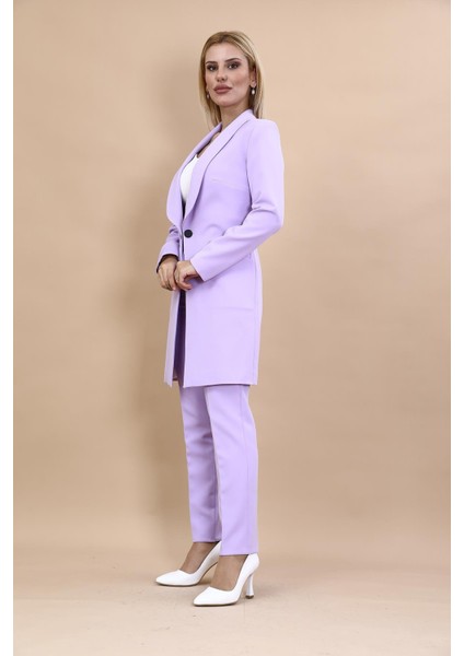 Şal Yaka Cepli Uzun Ceket & Dar Paça Pantolon Takım-Menekşe fiyatları