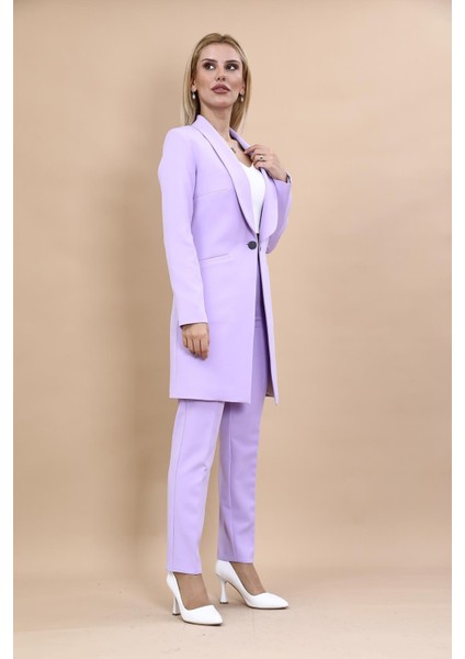 Şal Yaka Cepli Uzun Ceket & Dar Paça Pantolon Takım-Menekşe modelleri