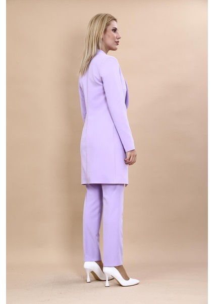 Şal Yaka Cepli Uzun Ceket & Dar Paça Pantolon Takım-Menekşe fırsatları