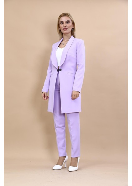 Şal Yaka Cepli Uzun Ceket & Dar Paça Pantolon Takım-Menekşe indirimleri