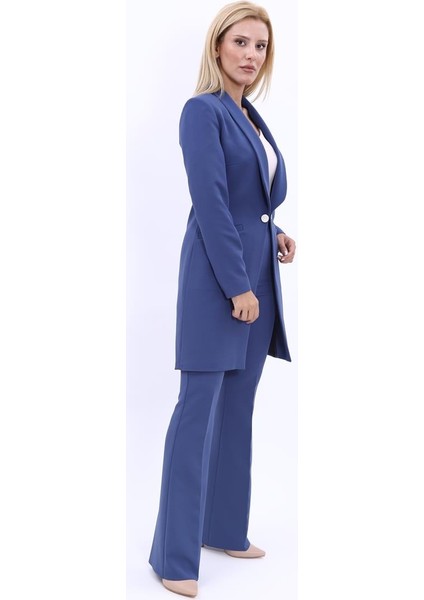 Şal Yaka Cepli Uzun Ceket & İspanyol Paça Pantolon-İndigo fiyatları