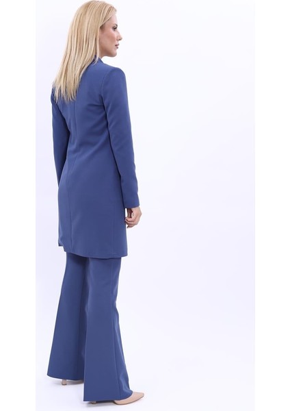 Şal Yaka Cepli Uzun Ceket & İspanyol Paça Pantolon-İndigo modelleri