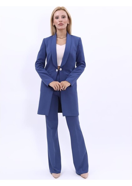 Şal Yaka Cepli Uzun Ceket & İspanyol Paça Pantolon-İndigo fırsatları