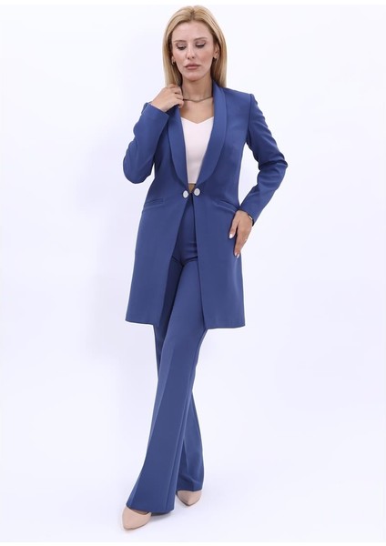 Şal Yaka Cepli Uzun Ceket & İspanyol Paça Pantolon-İndigo indirimleri