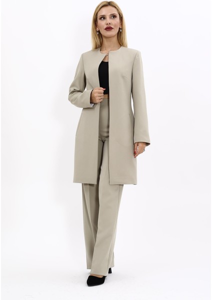 Sıfır Yaka Düz Uzun Ceket & Bol Paça Pantolon-Bambu