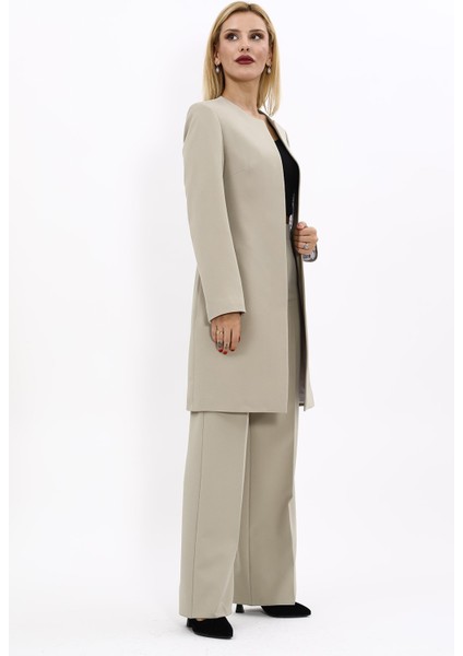 Sıfır Yaka Düz Uzun Ceket & Bol Paça Pantolon-Bambu modelleri