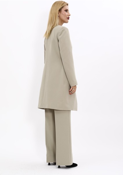 Sıfır Yaka Düz Uzun Ceket & Bol Paça Pantolon-Bambu fırsatları