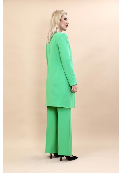 Sıfır Yaka Düz Uzun Ceket & Bol Paça Pantolon-Yeşil fırsatları