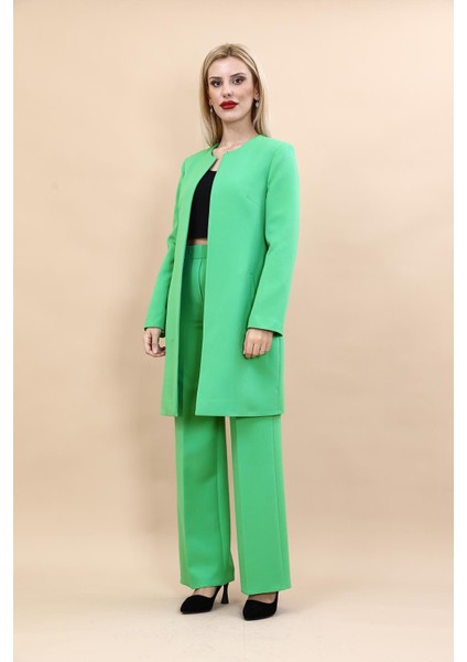 Sıfır Yaka Düz Uzun Ceket & Bol Paça Pantolon-Yeşil indirimleri