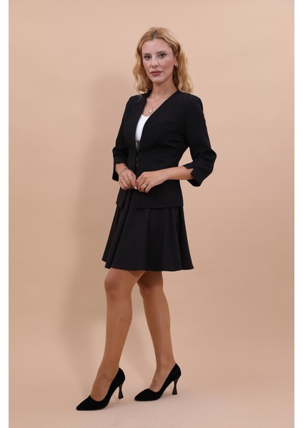 V Yaka Boydan Kuplu Kısa Ceket & Kısa Kloş Etek-Siyah fiyatları