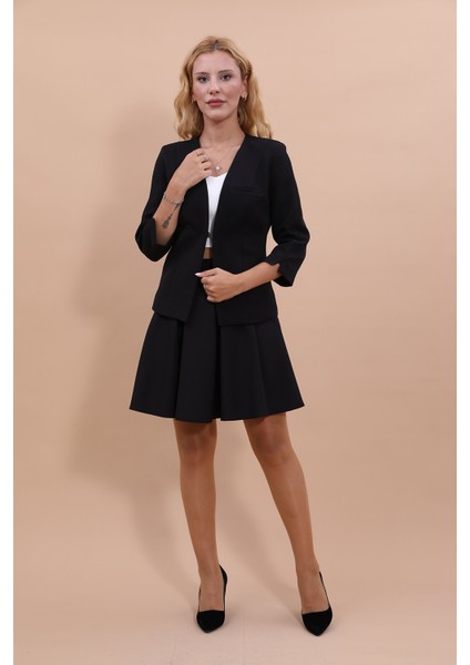 V Yaka Boydan Kuplu Kısa Ceket & Kısa Kloş Etek-Siyah indirimleri