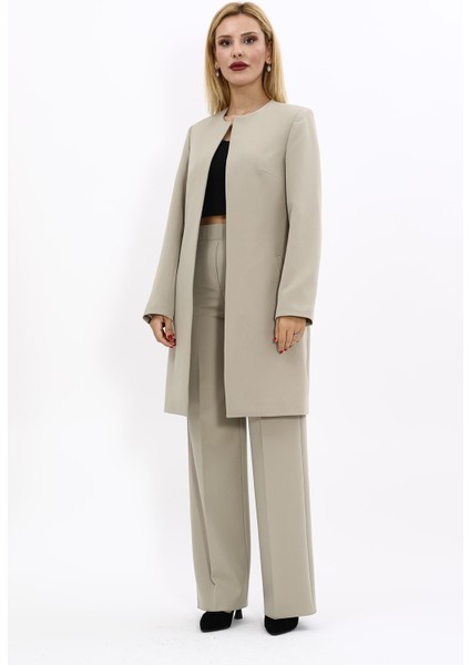 Sıfır Yaka Düz Uzun Ceket & Bol Paça Pantolon-Bambu indirimleri
