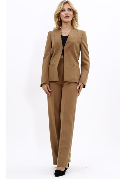 V Yaka Boydan Kuplu Kılasik Ceket & Bol Paça Pantolon-Camel fiyatları