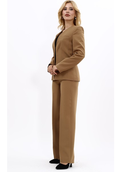 V Yaka Boydan Kuplu Kılasik Ceket & Bol Paça Pantolon-Camel modelleri