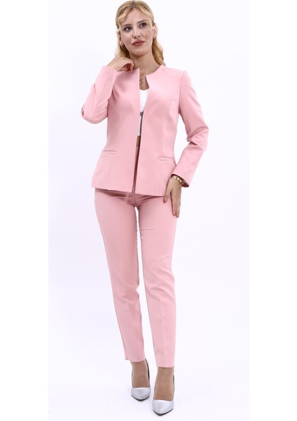 Oval Yaka Yandan Kuplu Klasik Ceket & Dar Paça Pantolon-Pudra