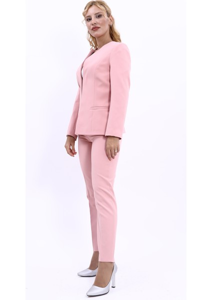 Oval Yaka Yandan Kuplu Klasik Ceket & Dar Paça Pantolon-Pudra fiyatları