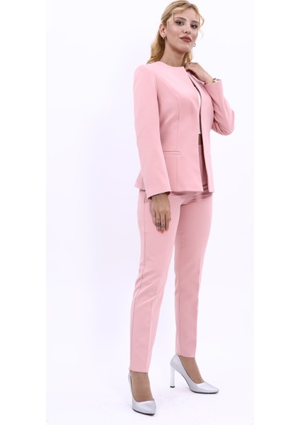 Oval Yaka Yandan Kuplu Klasik Ceket & Dar Paça Pantolon-Pudra modelleri
