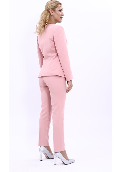 Oval Yaka Yandan Kuplu Klasik Ceket & Dar Paça Pantolon-Pudra fırsatları