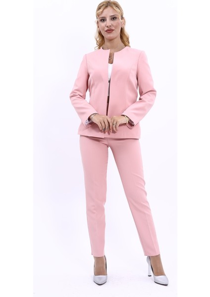 Oval Yaka Yandan Kuplu Klasik Ceket & Dar Paça Pantolon-Pudra indirimleri