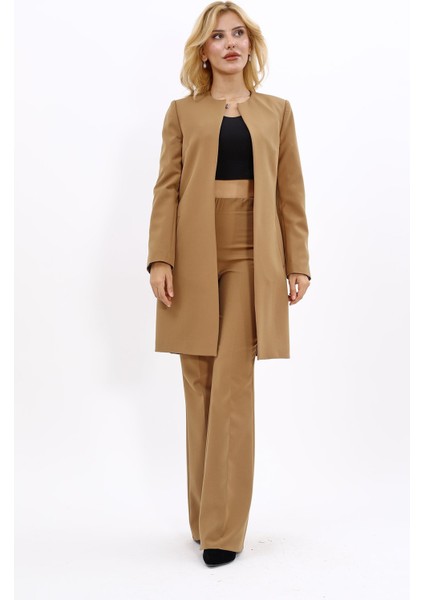 Sıfır Yaka Düz Uzun Ceket & İspanyol Paça Pantolon-Camel