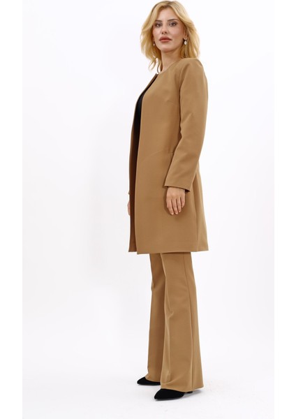 Sıfır Yaka Düz Uzun Ceket & İspanyol Paça Pantolon-Camel fiyatları