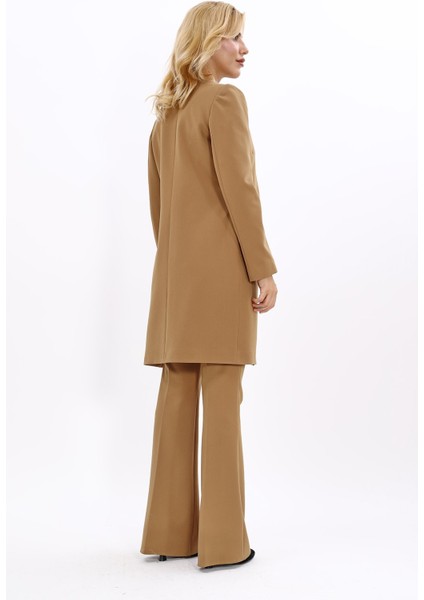 Sıfır Yaka Düz Uzun Ceket & İspanyol Paça Pantolon-Camel fırsatları