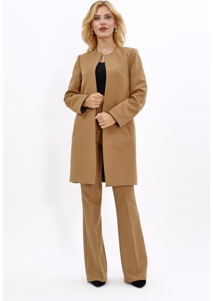 Sıfır Yaka Düz Uzun Ceket & İspanyol Paça Pantolon-Camel indirimleri